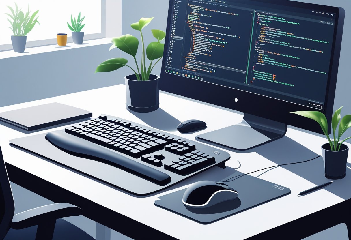 A modern workstation with an ergonomic keyboard and mouse, a computer monitor showing code, a comfortable office chair, and a small plant on the desk.