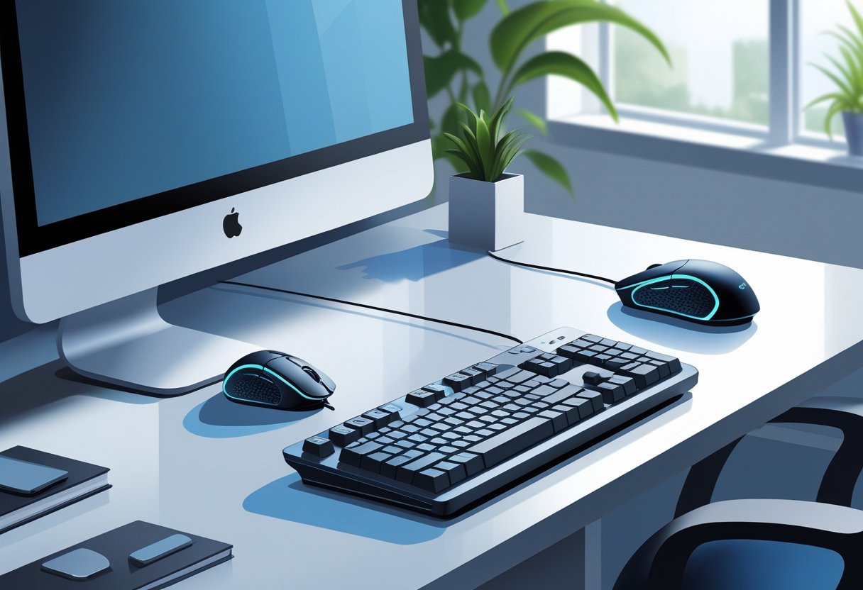 A modern office desk with an ergonomic mouse and keyboard, a computer monitor, and plants near a window.