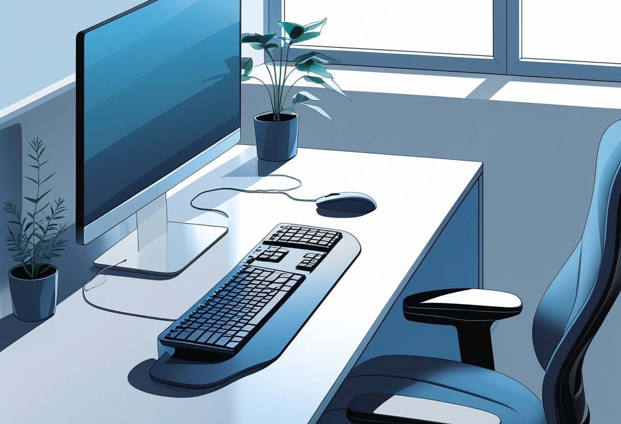 A modern office workstation with an ergonomic keyboard, ergonomic mouse, adjustable chair, and organized desk under natural light.