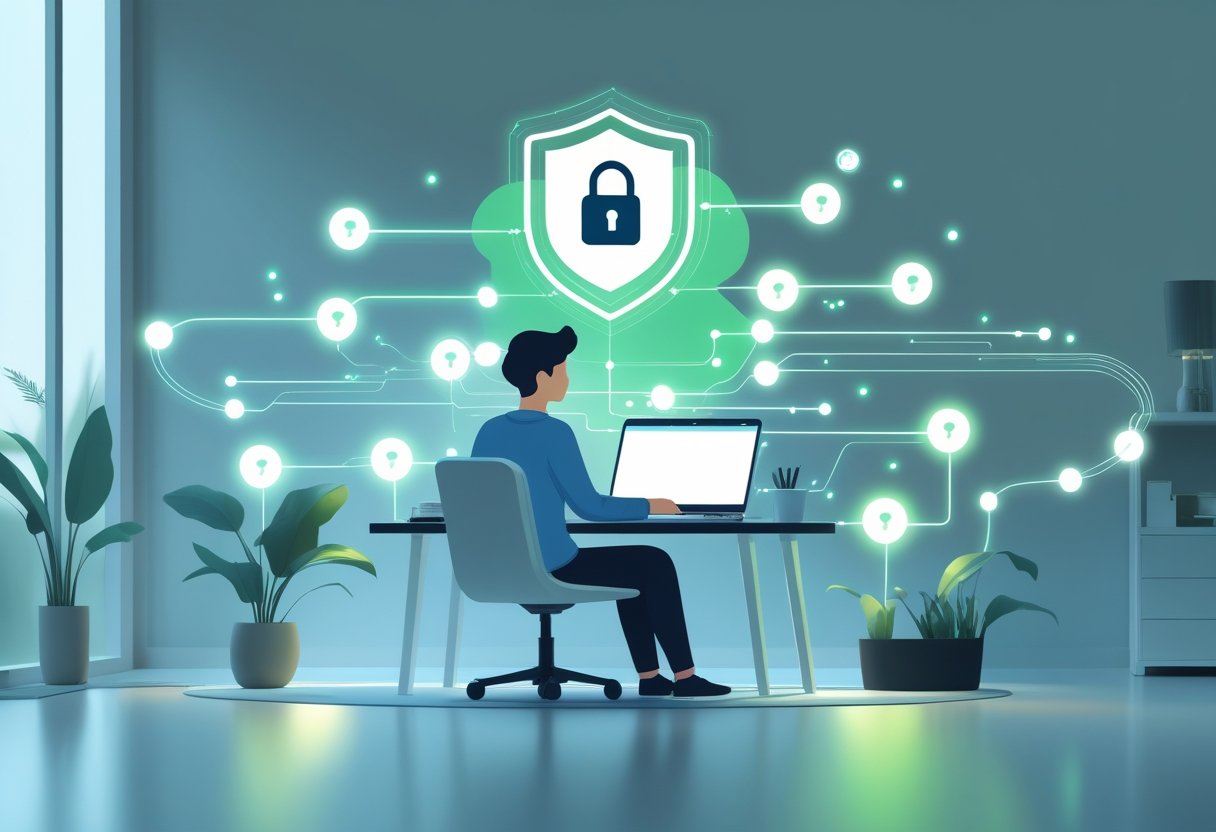 A person using a laptop at a desk with a glowing shield icon above, representing secure online privacy through a virtual private network.