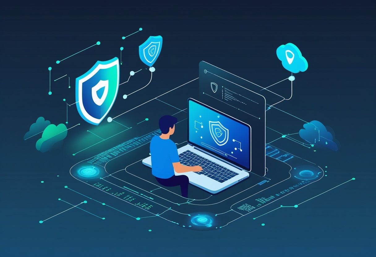 A person using a laptop with digital symbols of security, including a shield and secure network connections, representing online privacy and protection.