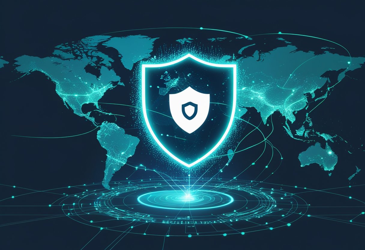 A person using a laptop connected through a secure shield symbol with glowing data streams passing safely, over a background of a world map with network connections.