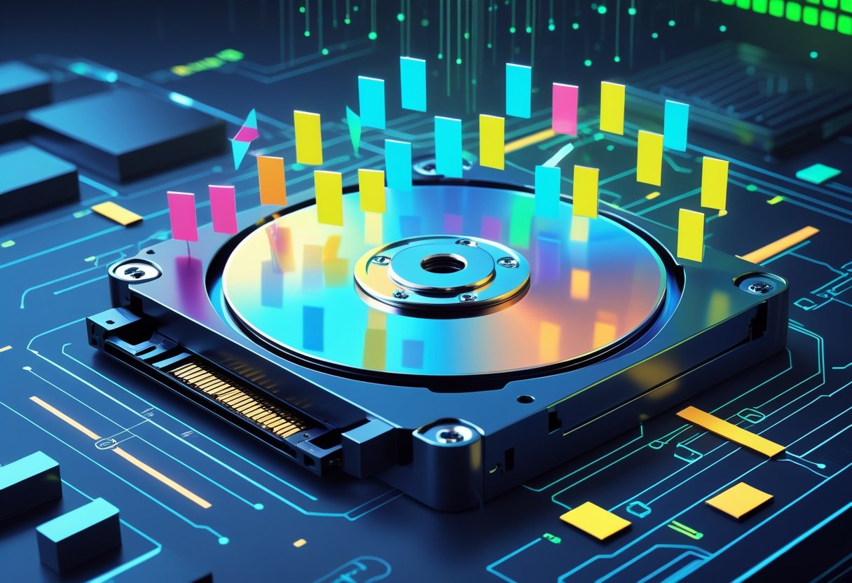 An illustration of an open hard drive with scattered data blocks being rearranged into organized sequences to represent disk defragmentation and improved efficiency.