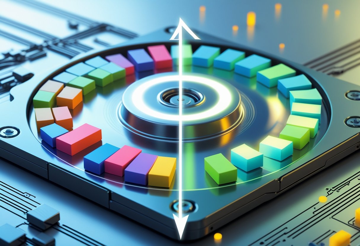 Close-up illustration of a hard drive showing scattered fragmented data on one side and organized data on the other, symbolizing disk defragmentation improving efficiency.
