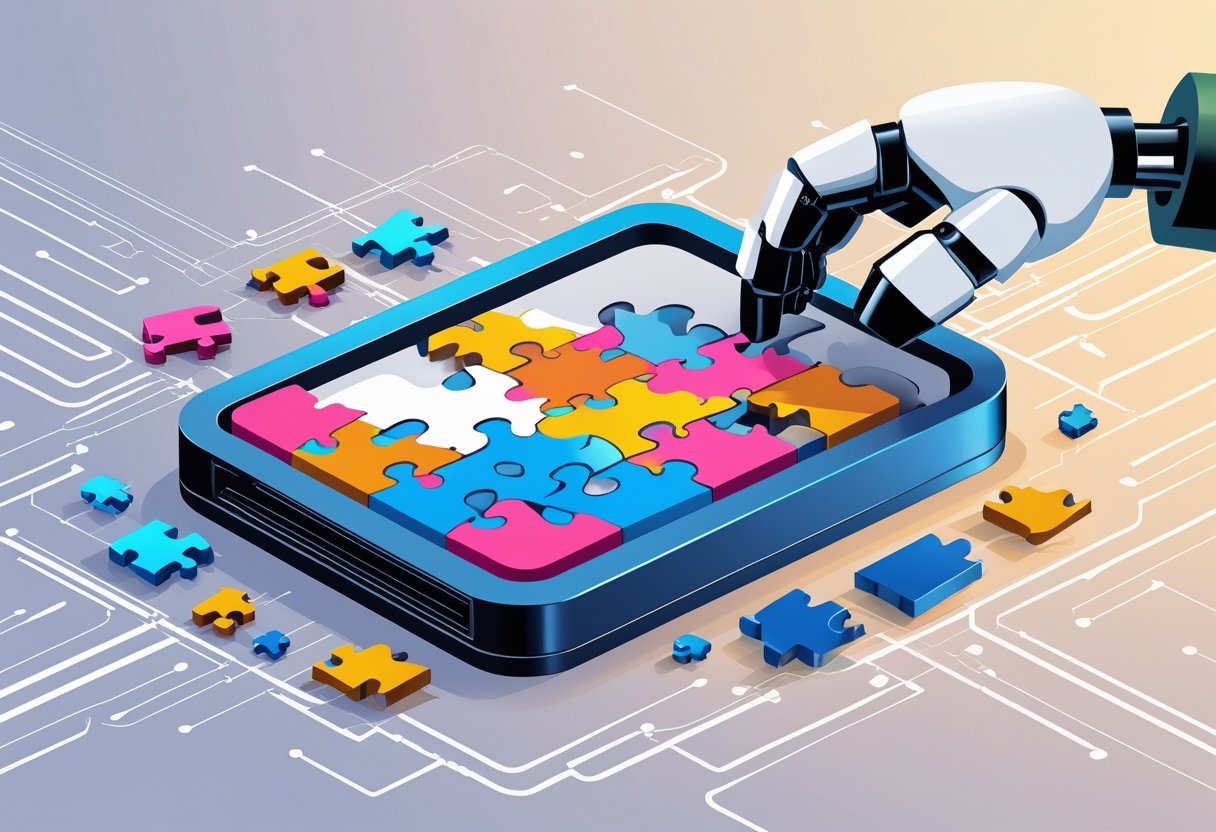 An illustration of a hard drive broken into scattered puzzle pieces being reorganized into a compact shape by a hand, symbolizing data defragmentation.