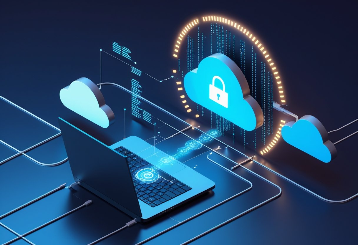 A laptop connected to a glowing cloud with a lock symbol, showing secure data transfer through digital streams.