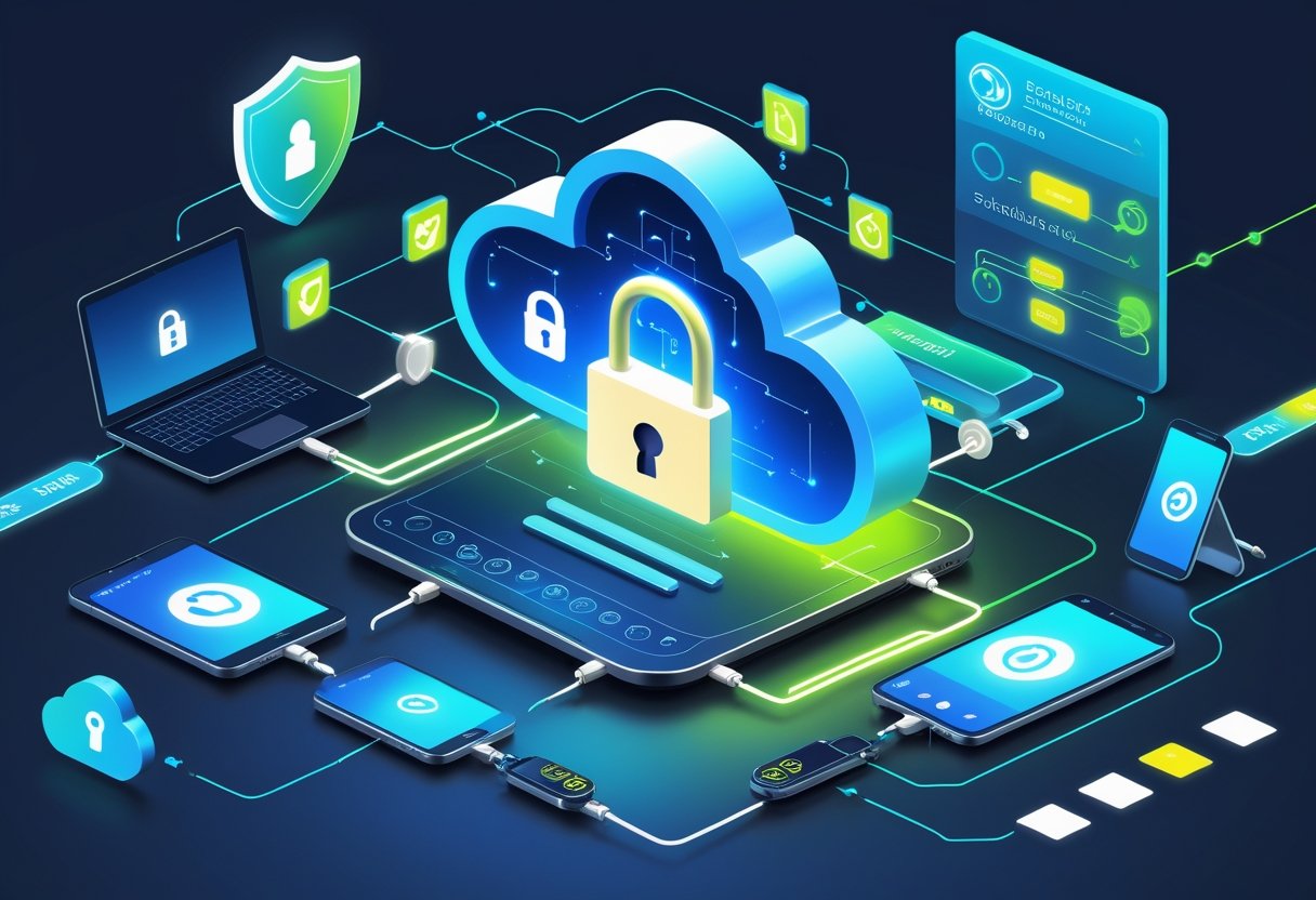 A cloud icon with a lock connected to various devices, symbolizing secure encrypted backups and data protection.