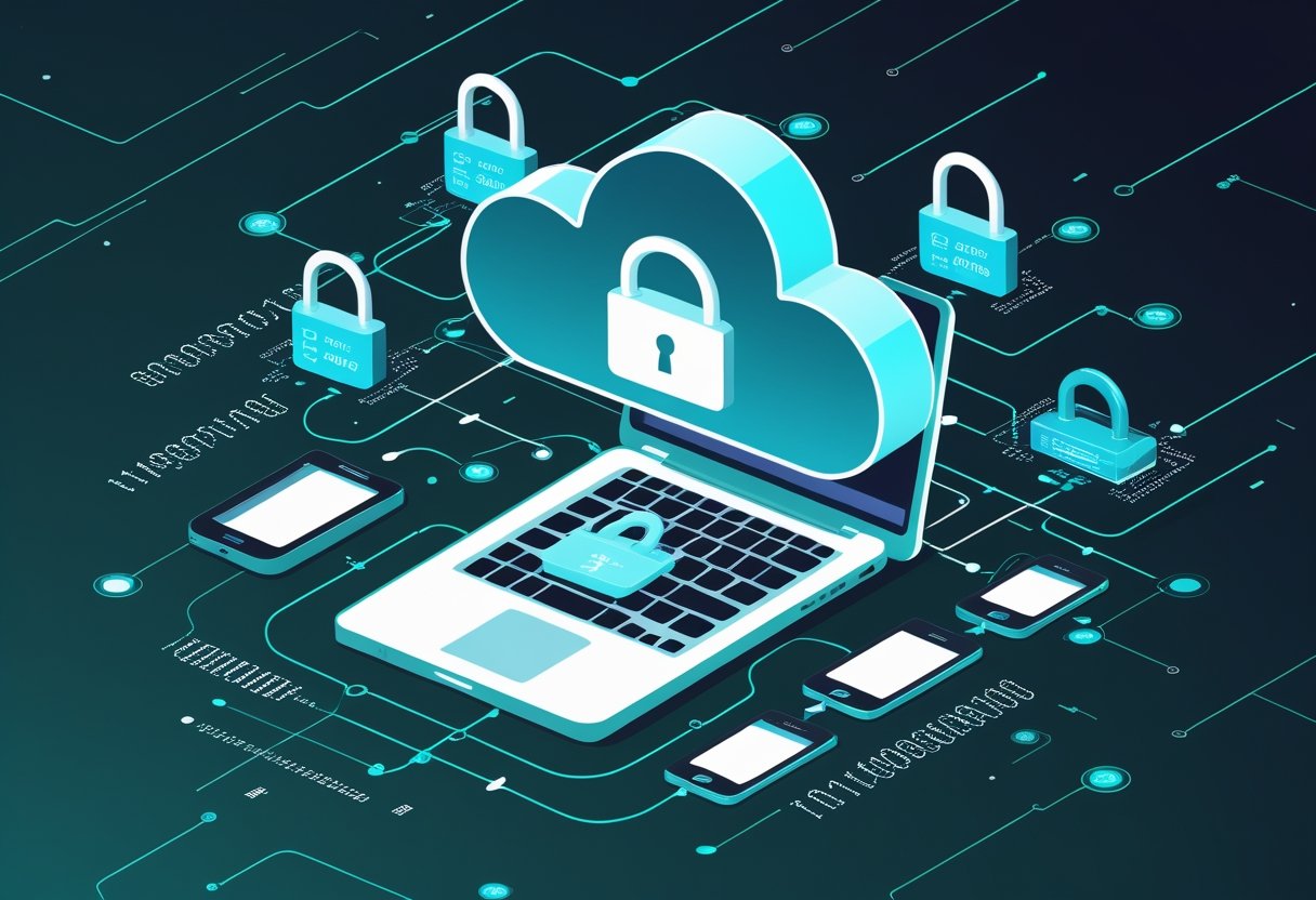 A cloud surrounded by padlocks and encryption symbols connected to various devices representing secure data backups.