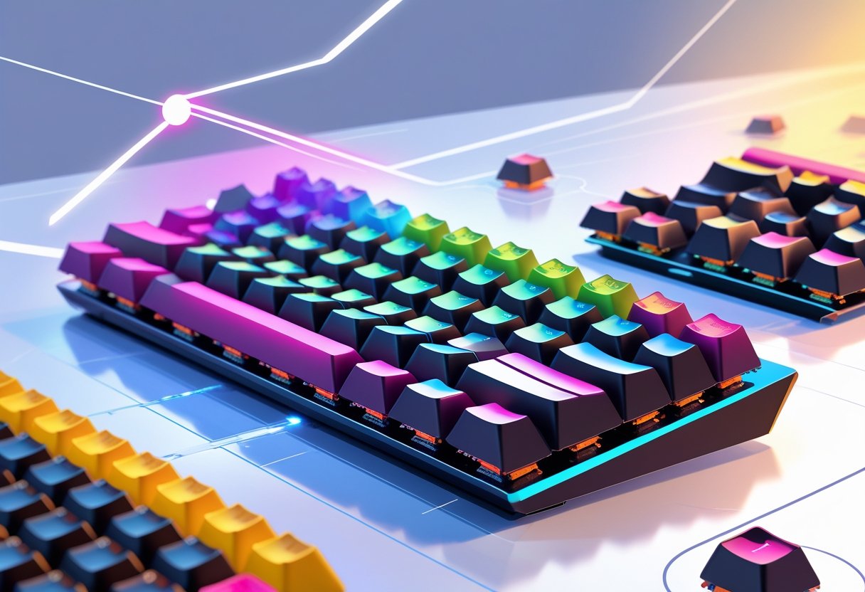 A mechanical keyboard with some keycaps removed to show colorful switches underneath, set against a clean background with light effects.