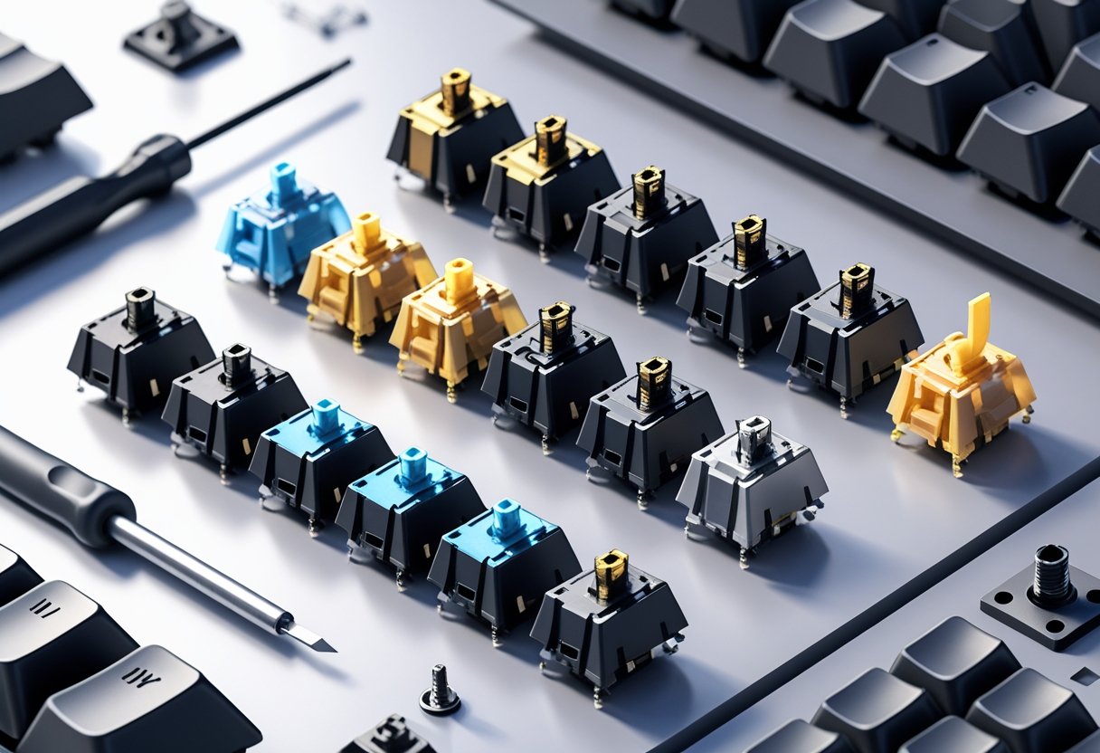 Close-up view of different mechanical keyboard switches and tools arranged on a clean workspace.