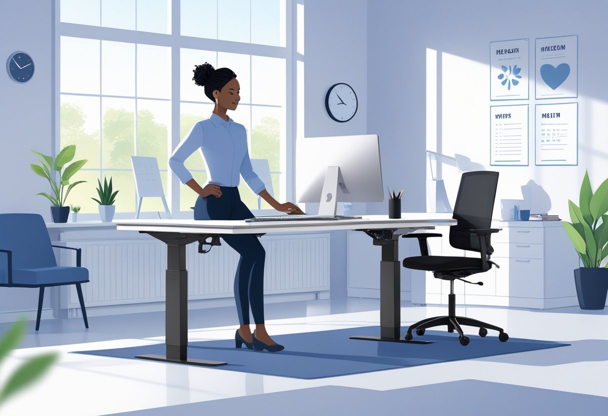 An office worker alternates between sitting and standing at an adjustable desk in a bright, organized workspace.
