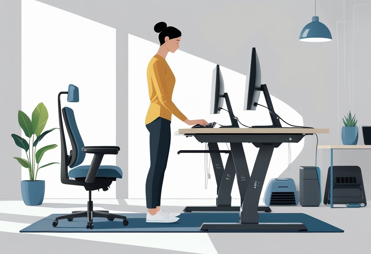 An office workspace with an adjustable standing desk showing a person alternating between sitting and standing positions.