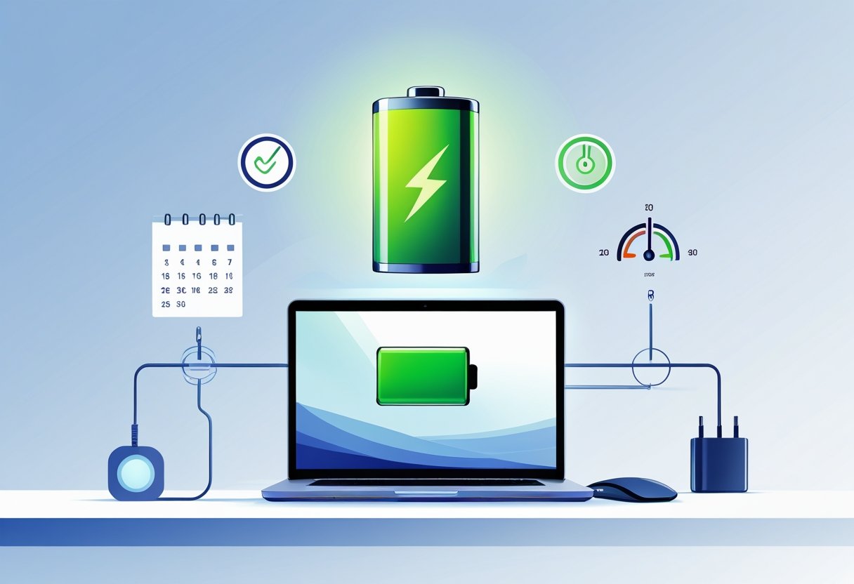 A modern laptop on a desk with icons representing battery health, maintenance, and proper charging.
