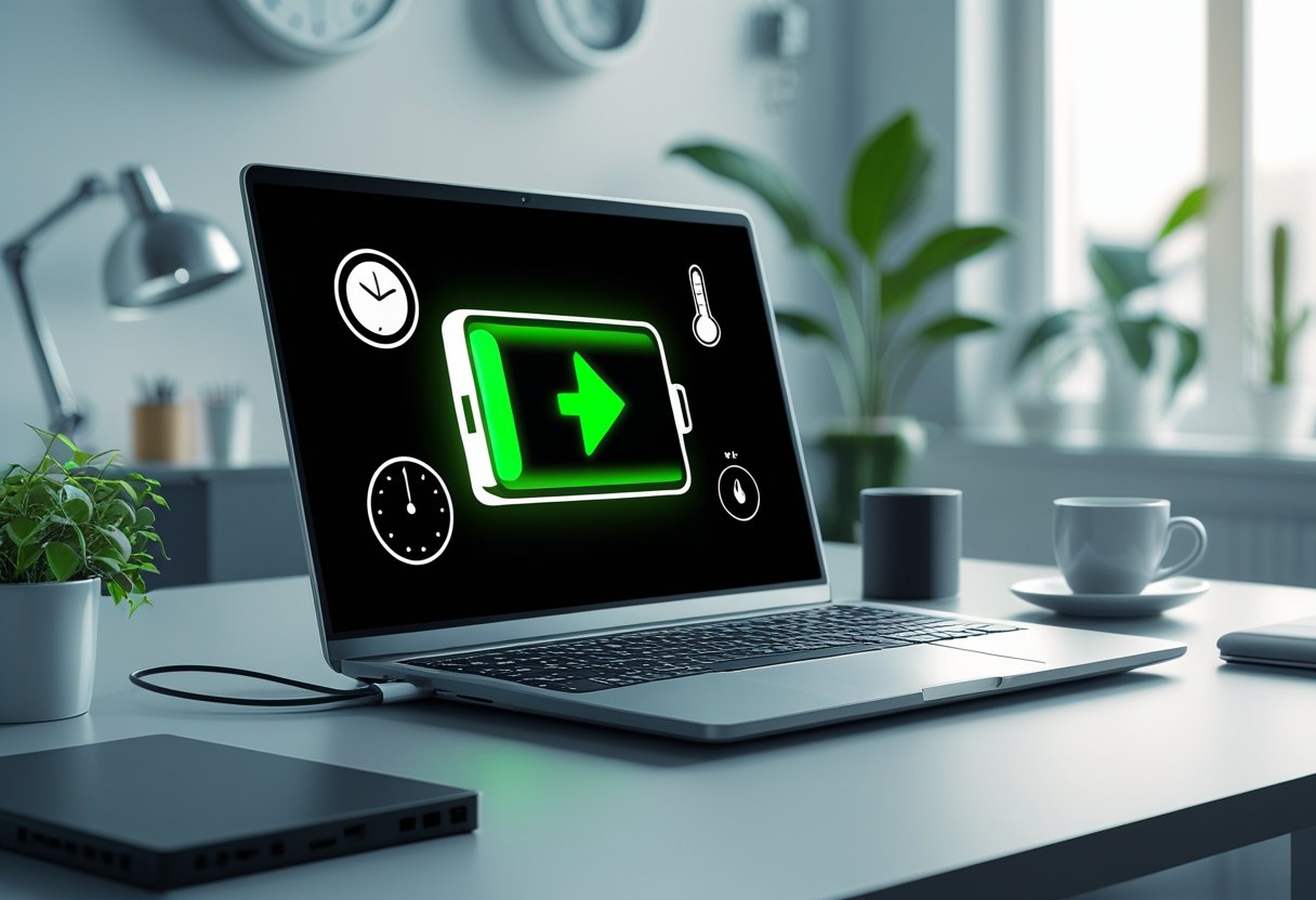 A laptop on a desk with a glowing battery icon and symbols representing battery care and management.