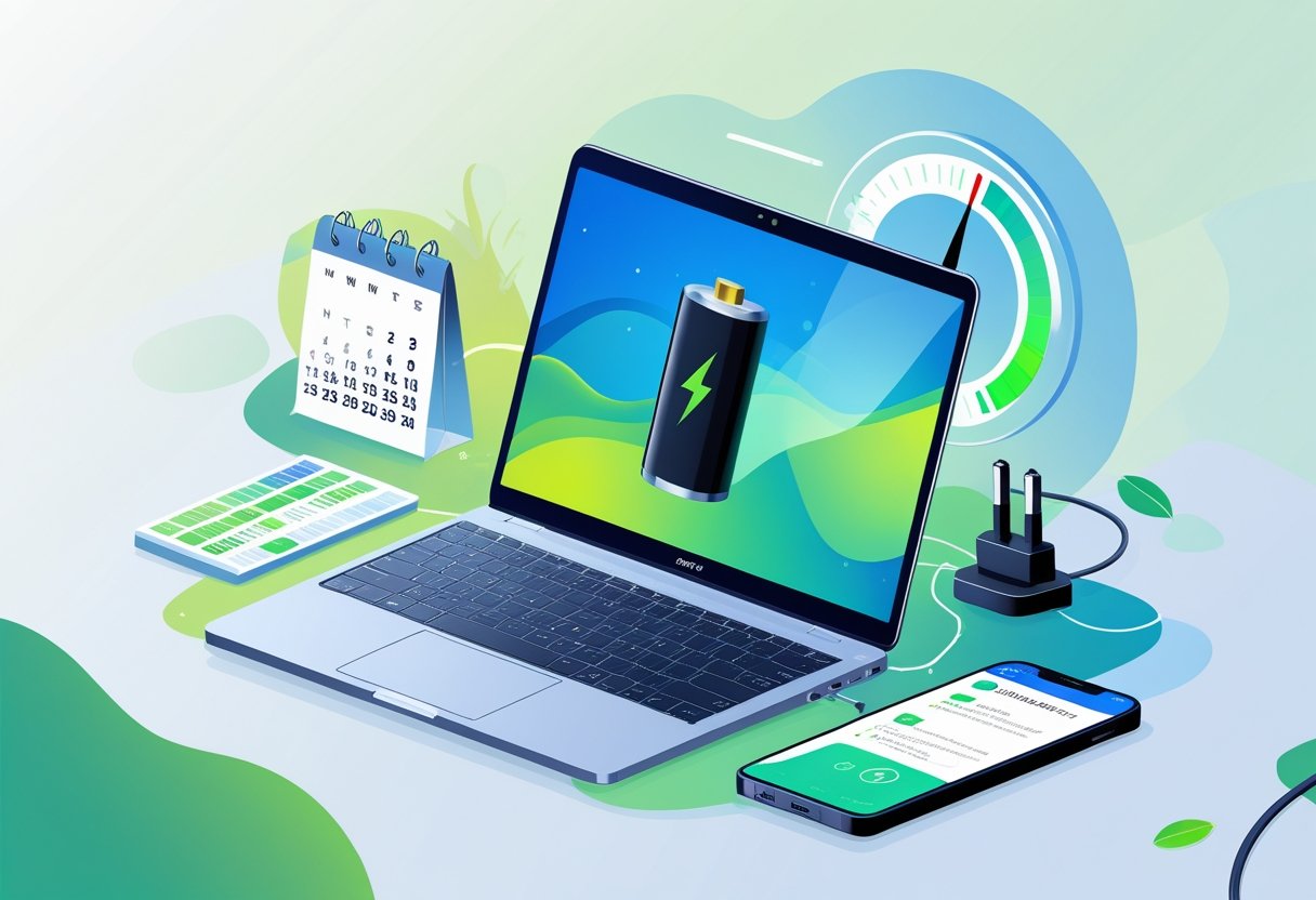 A laptop surrounded by icons representing battery care, including a calendar, temperature gauge, and power plug.