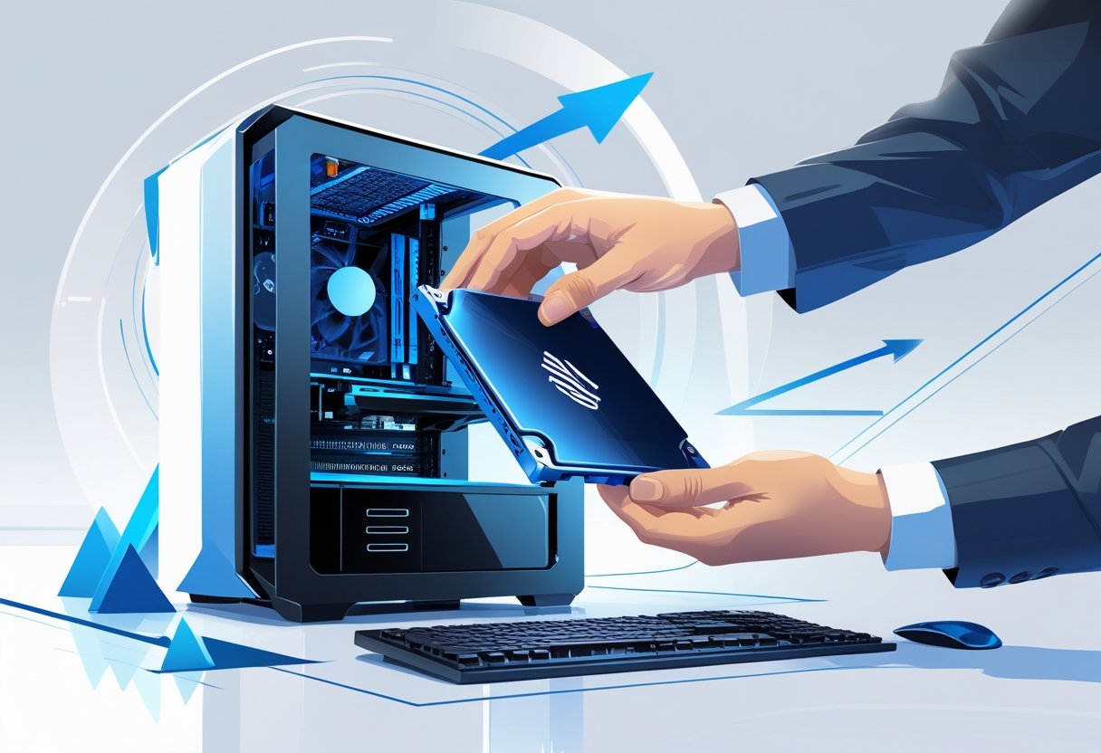 A hand installing a solid-state drive inside a desktop computer with visual elements indicating improved speed and performance.