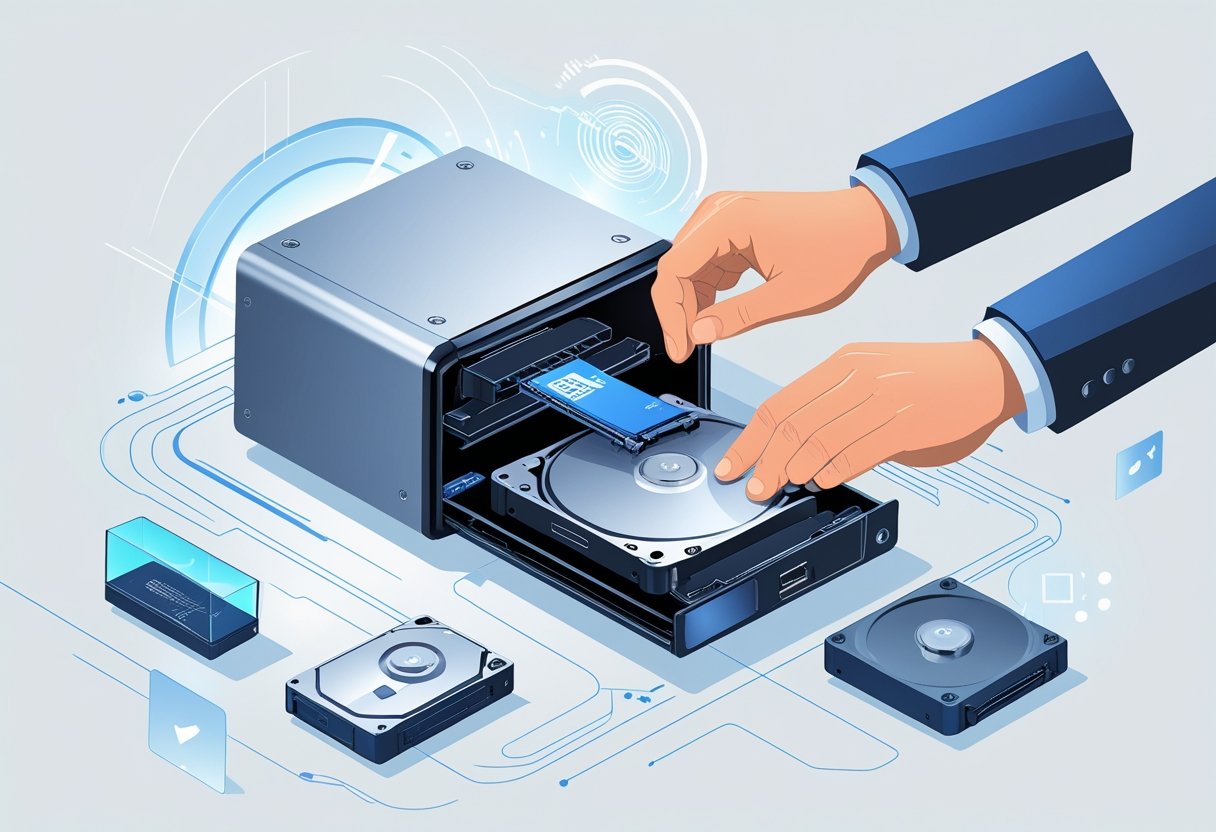 A hand installing a solid-state drive into a desktop computer, replacing an older hard drive, with visual elements indicating improved speed and performance.