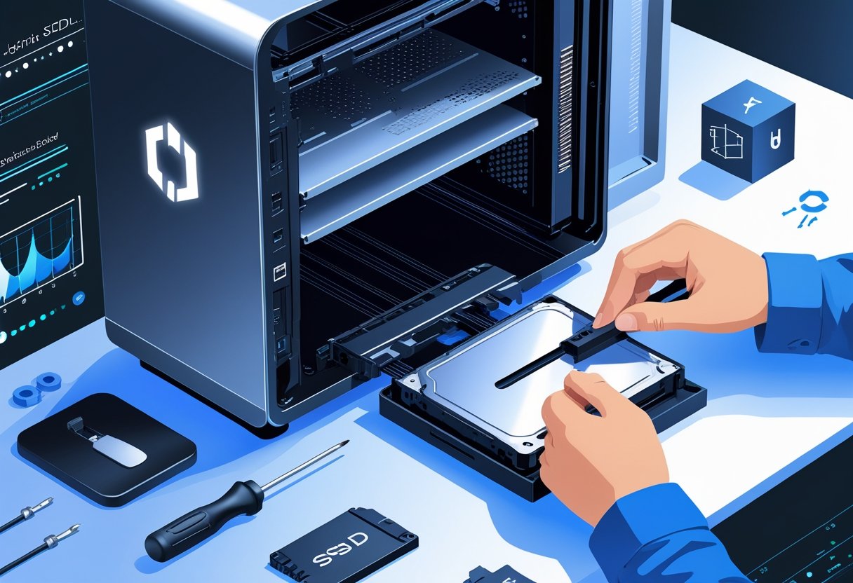 A person installing a solid-state drive into an open desktop computer surrounded by computer tools and digital performance icons.