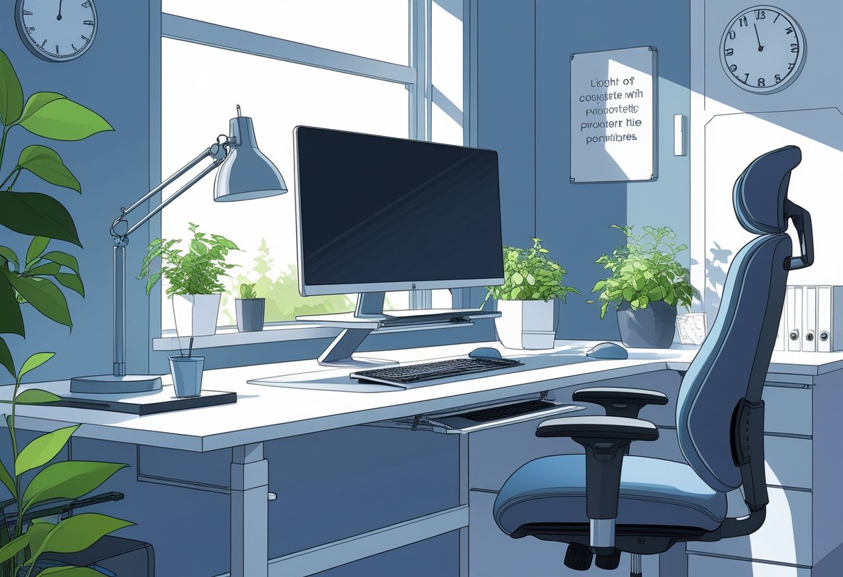 A modern workspace with ergonomic computer peripherals including a keyboard, mouse, monitor stand, and office chair in a clean, organized room with natural light and plants.