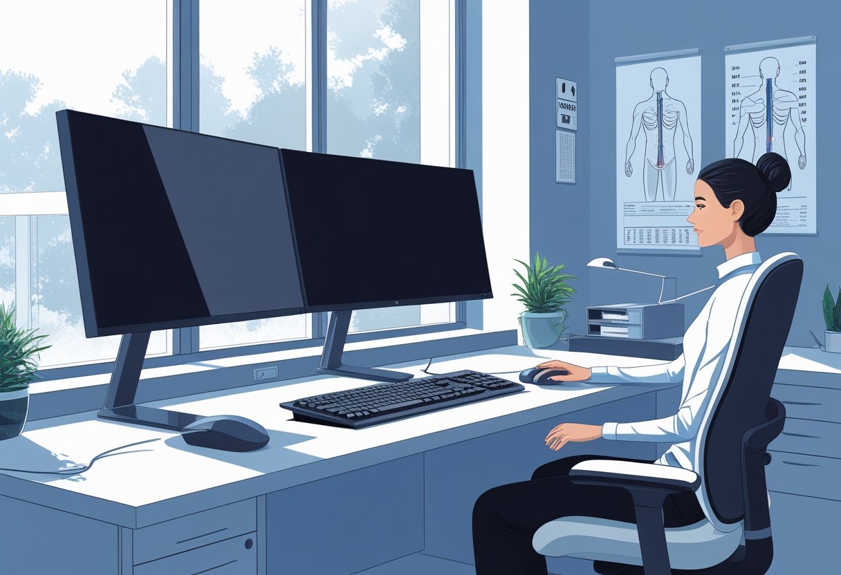 A modern office desk with ergonomic keyboard, mouse, and chair, showing a person sitting with good posture using computer peripherals.