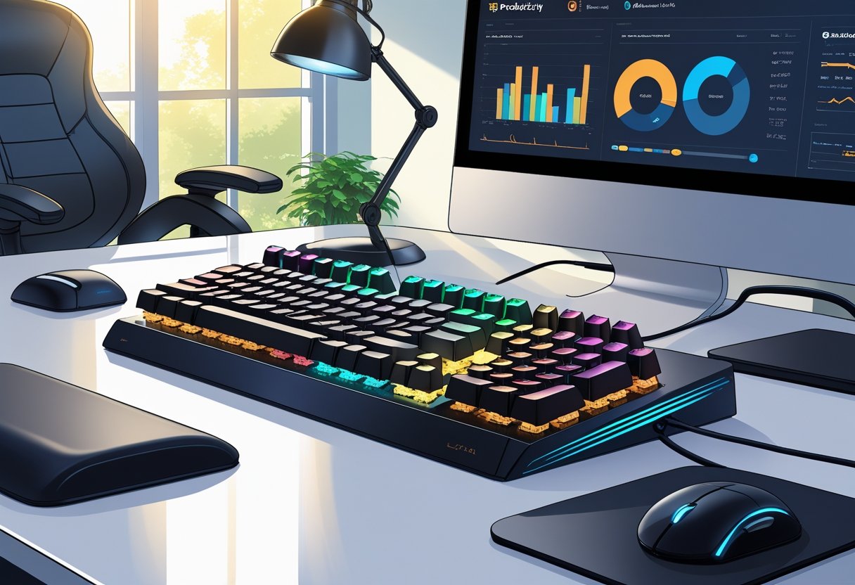 A workspace featuring a mechanical keyboard, ergonomic mouse, office chair, and monitor displaying productivity graphs.