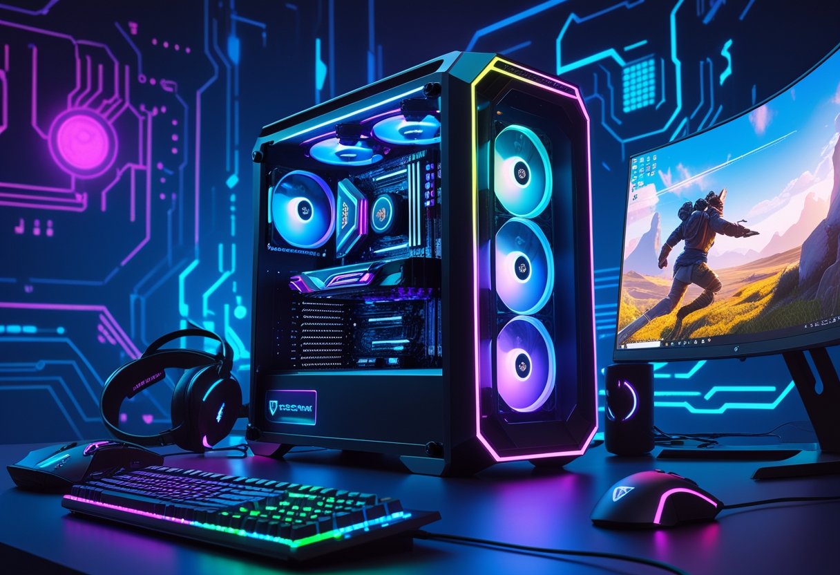 A high-performance gaming PC with glowing components, gaming keyboard, mouse, and a curved monitor displaying a futuristic game scene.