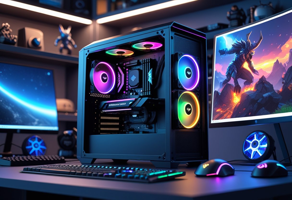 An open PC case showcasing a high-performance graphics card with gaming peripherals and a curved monitor displaying a video game.