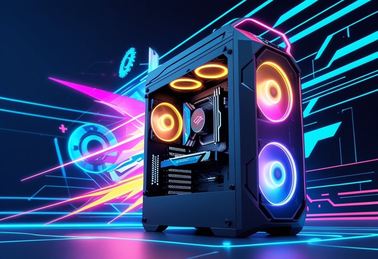 A high-performance gaming desktop with an open side panel revealing a glowing SSD drive emitting light trails, surrounded by abstract digital elements representing fast data transfer and gaming speed.