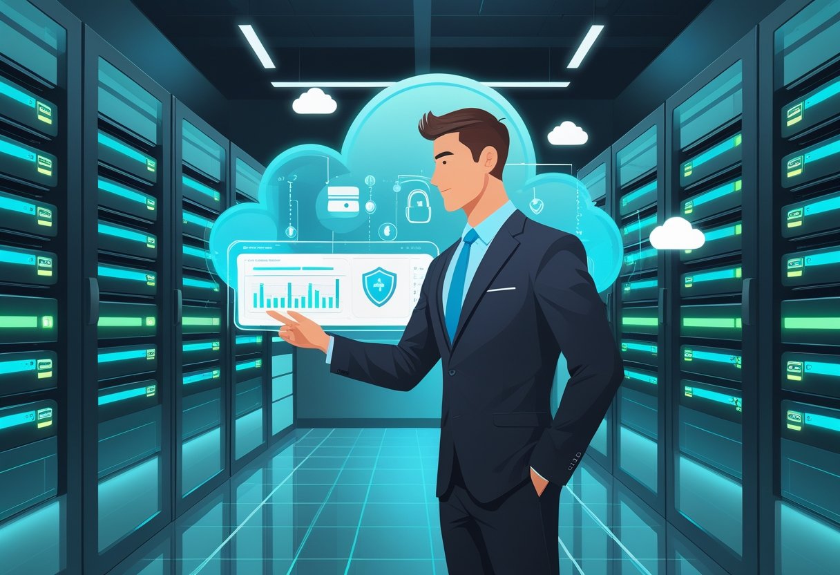 An IT professional monitoring data backup progress in a server room filled with glowing storage devices and digital security icons.