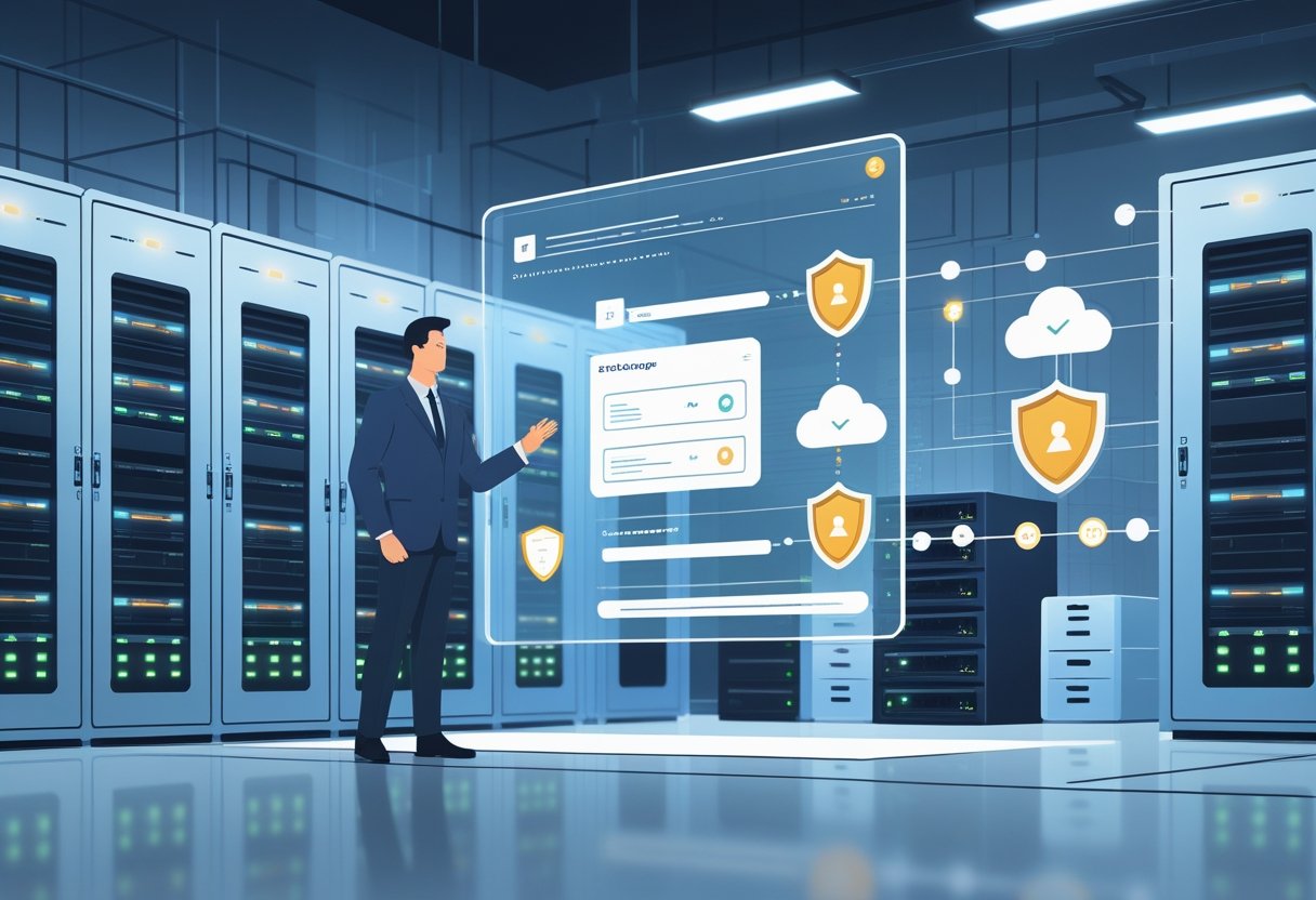 A data center with servers and an IT professional managing data backup and cloud synchronization, illustrating secure and reliable data storage.