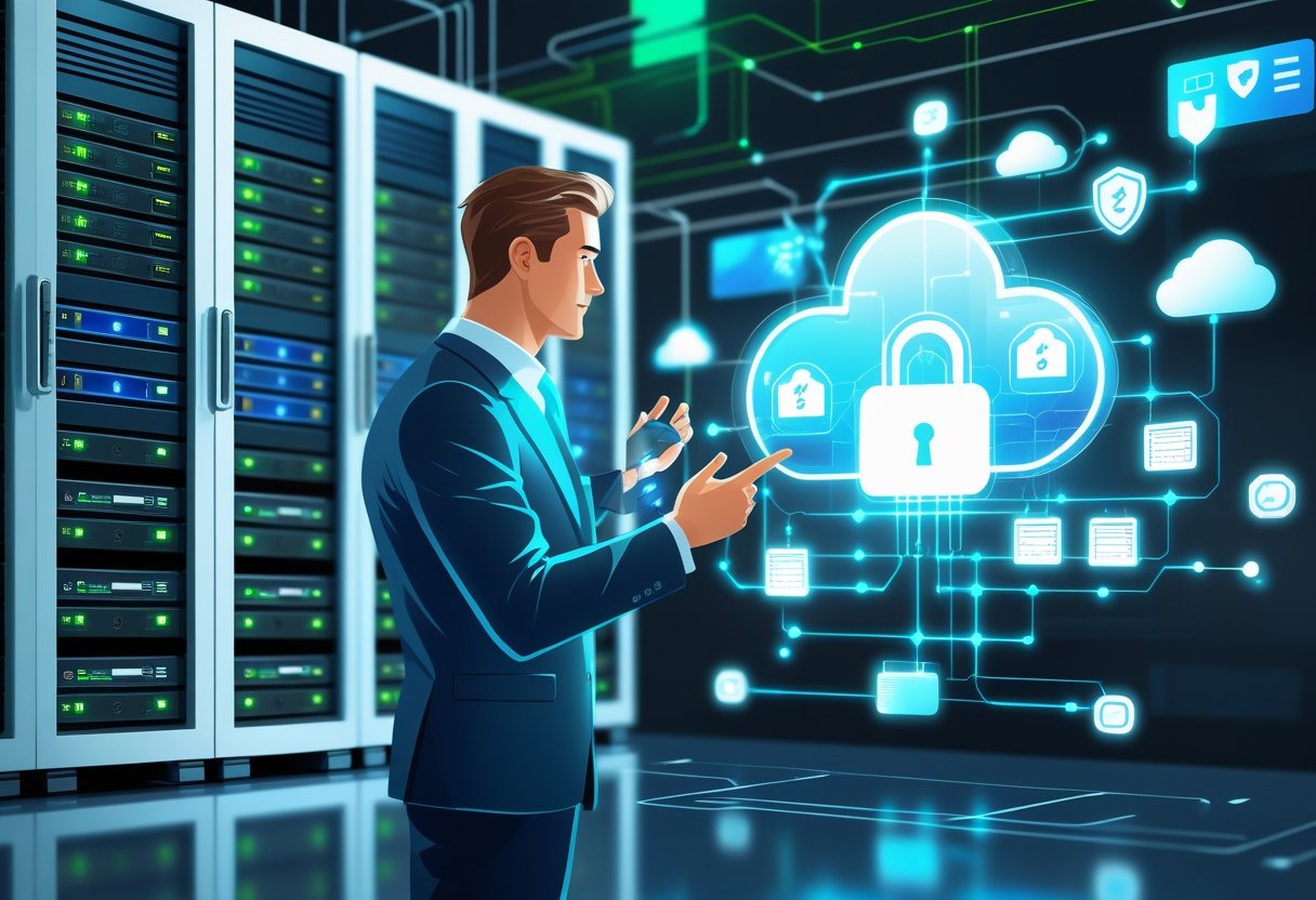 An IT professional managing data backup in a server room with connected storage devices and cloud network symbols representing data protection.