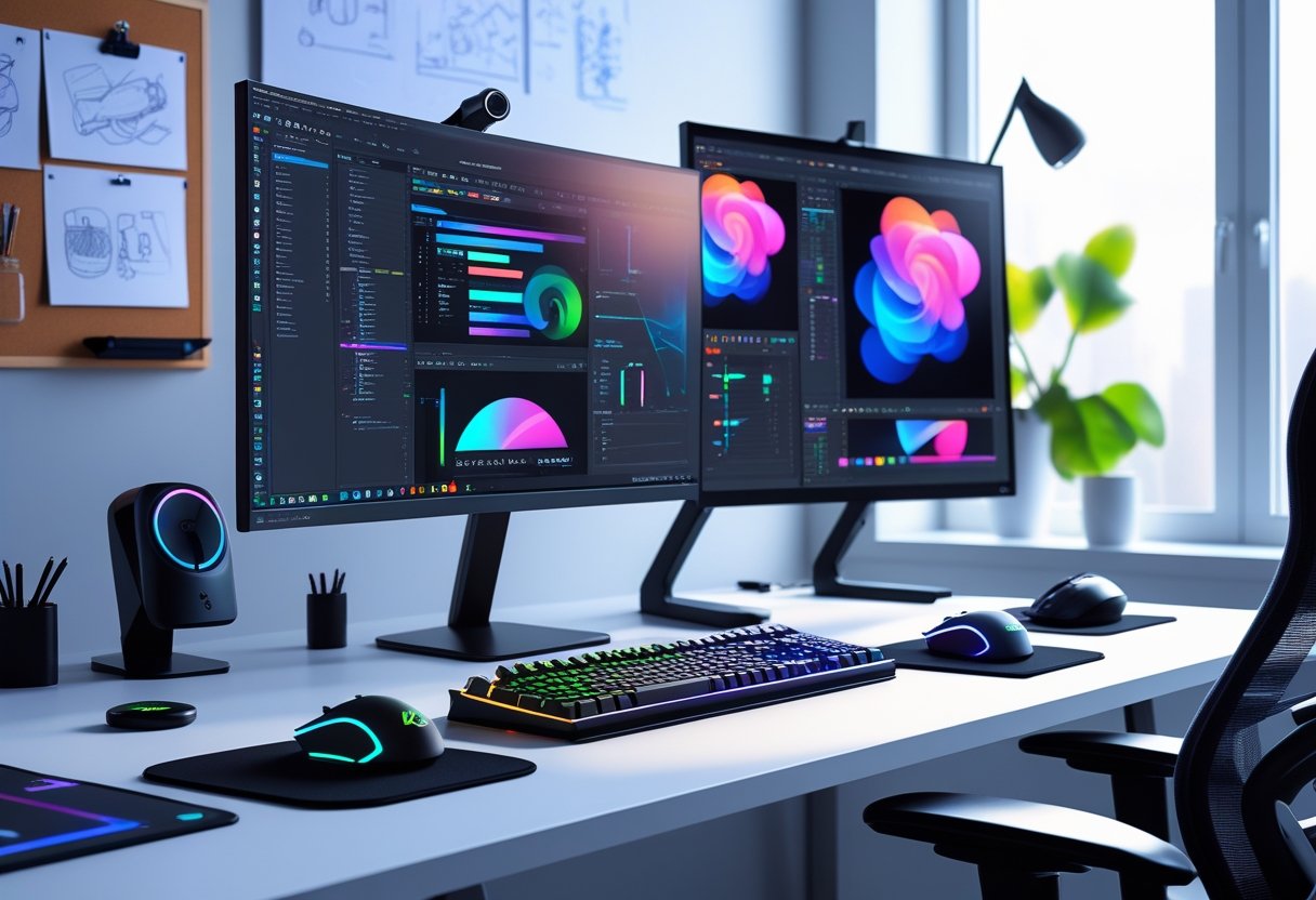 A modern workspace with a mechanical keyboard, gaming mouse, ultra-wide monitor, and creative tools on a clean desk.