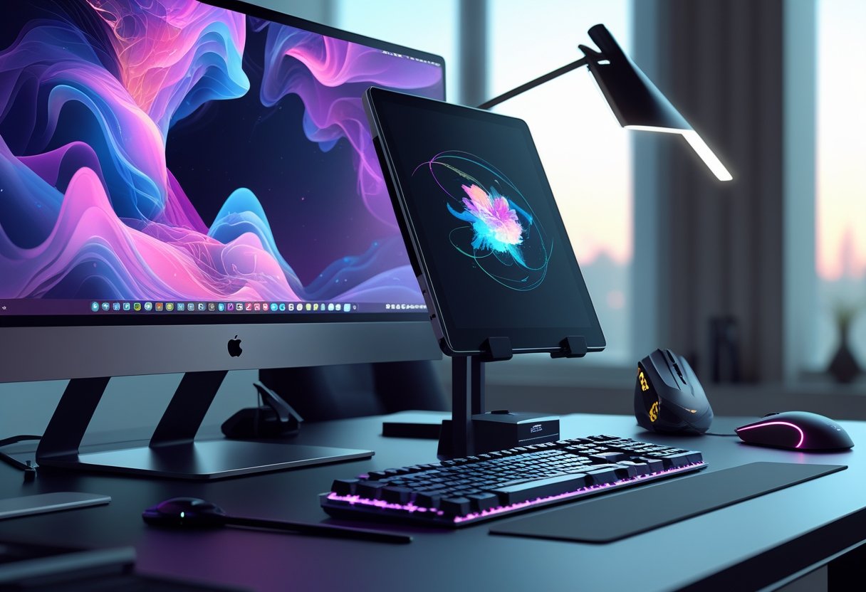 A modern workspace with a computer, stylus tablet, mechanical keyboard, and ergonomic mouse arranged on a clean desk.
