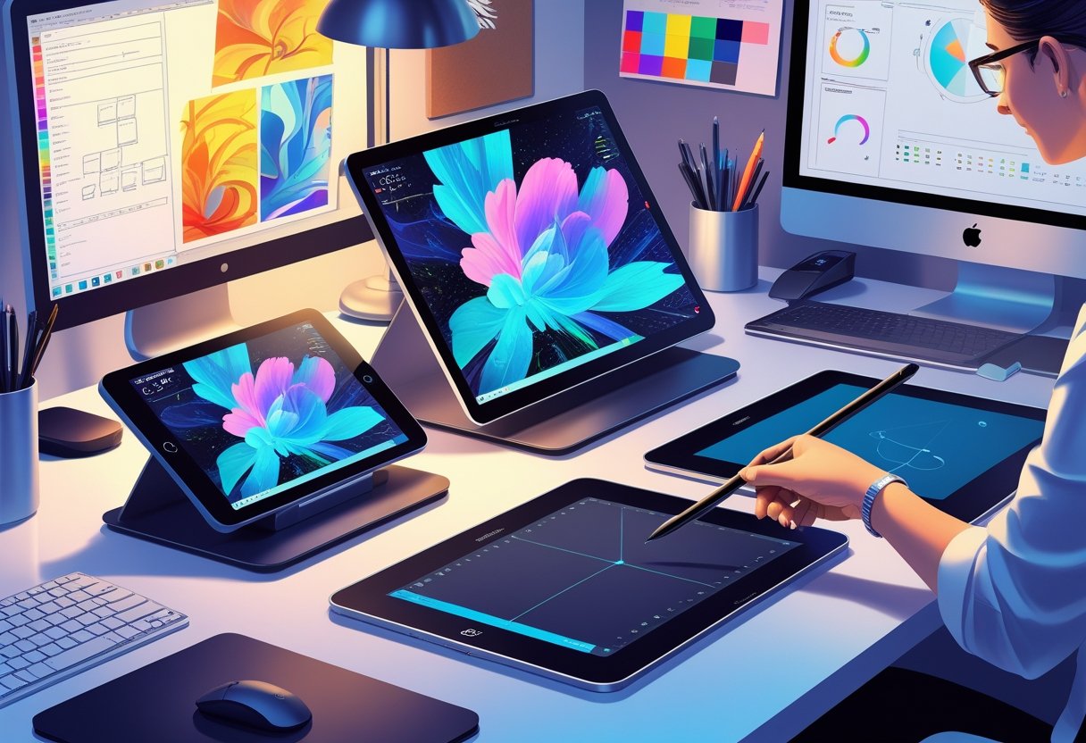 A creative workspace with multiple graphics tablets, a designer's hand using a stylus on one tablet, a monitor showing digital artwork, and various computer peripherals on a desk.