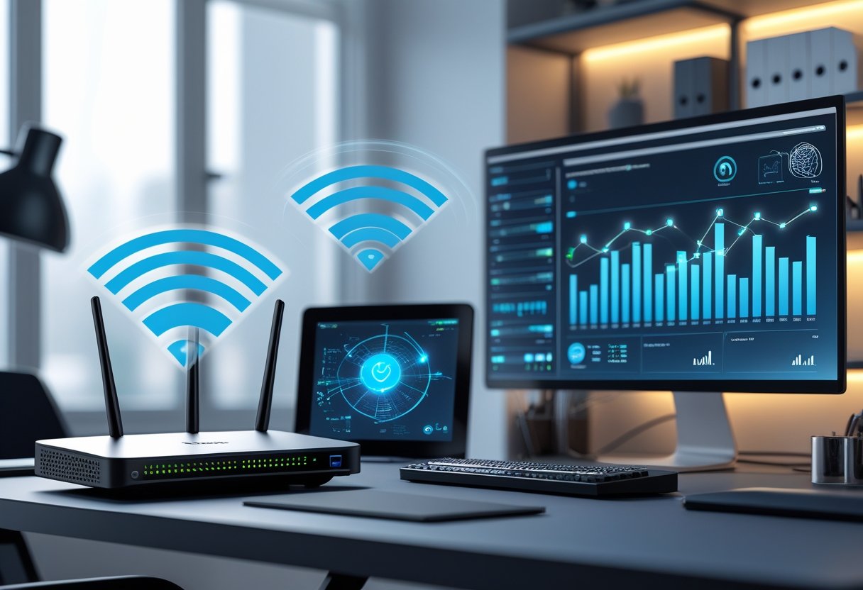 A bright home office with advanced networking devices including a Wi-Fi router, network switch, and computer displaying connectivity data.