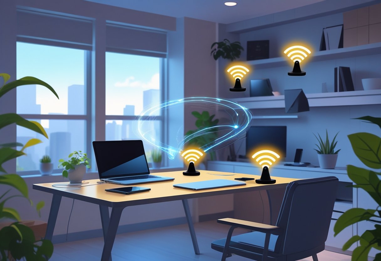A home office with multiple mesh Wi-Fi devices placed around the room providing strong wireless signals to connected digital devices on a desk.