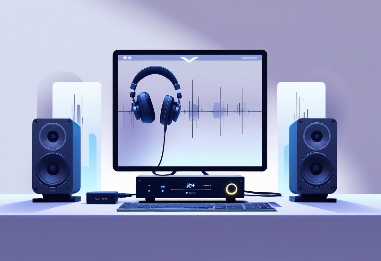 A clean desktop setup featuring a computer monitor, premium headphones on a stand, an external audio device, and two speakers emitting gentle sound waves.