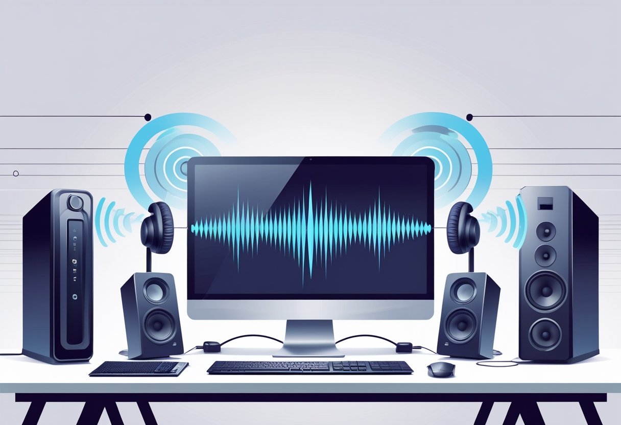 A desktop computer setup with premium headphones, microphone, and external speakers showing improved audio quality compared to built-in speakers.