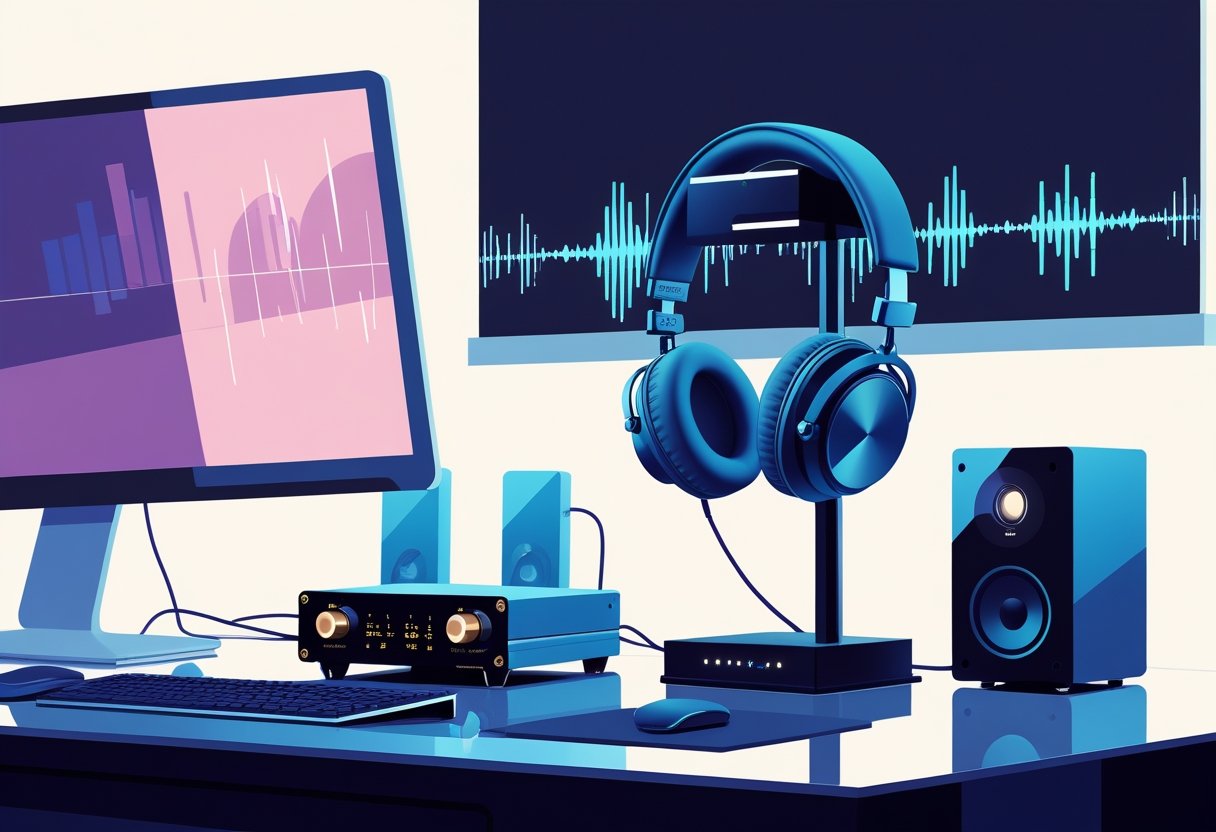 A modern computer desk setup featuring high-end headphones, an external DAC, and an amplifier, emphasizing premium audio equipment.