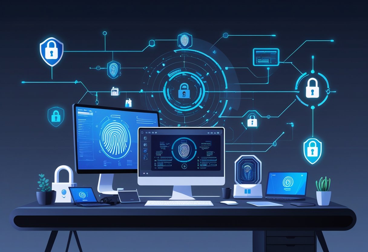 A modern office desk with a computer and various security devices like fingerprint scanners and cameras, symbolizing a secure digital workspace.