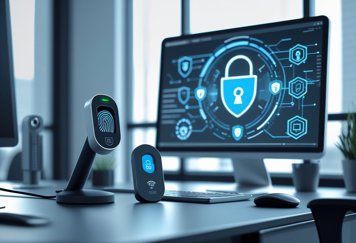 A modern office desk with advanced security devices like a fingerprint scanner, hardware security key, and webcam, with digital security icons glowing on a computer screen.
