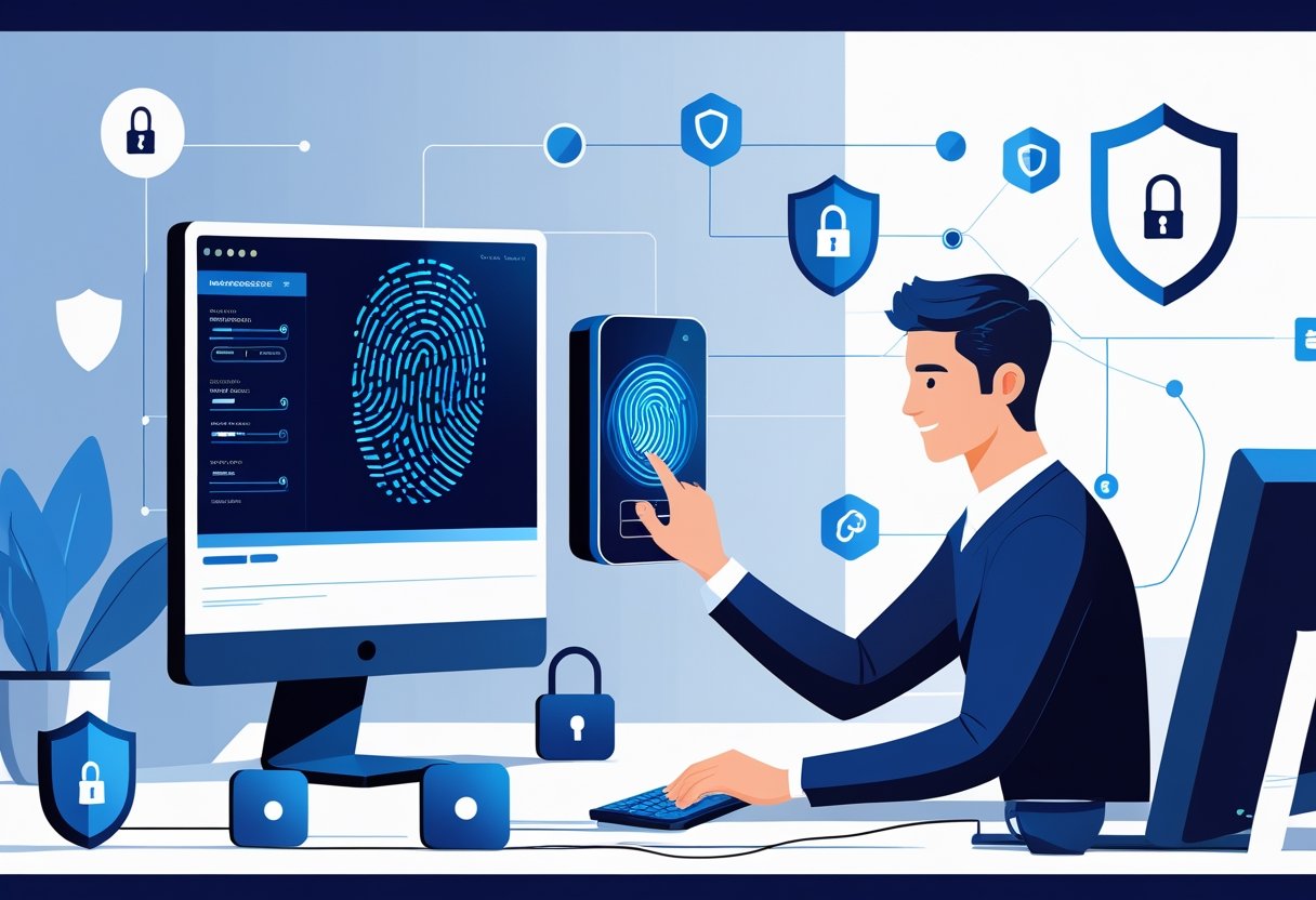 A person using a biometric fingerprint reader next to a computer in an office, with security icons in the background representing digital protection.