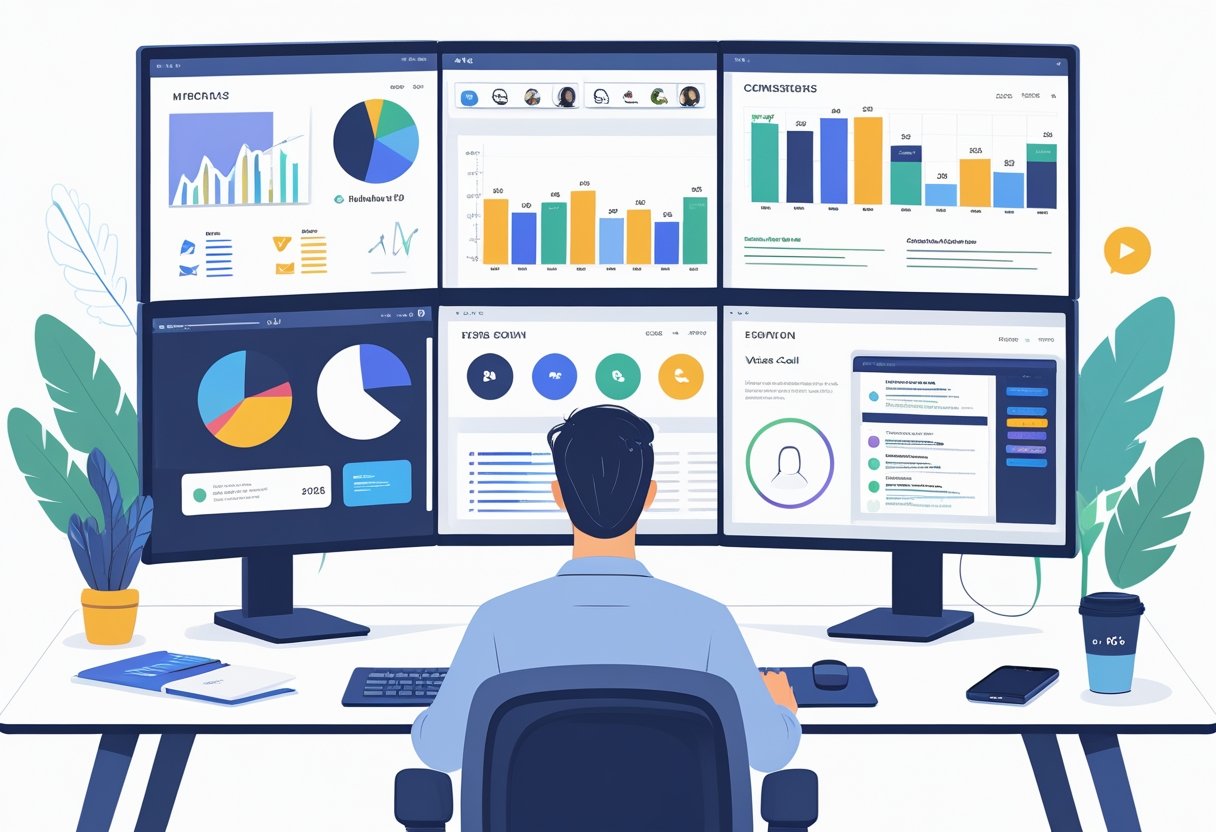 A person working at a desk with three monitors displaying various applications, illustrating a multi-monitor setup for improved productivity.