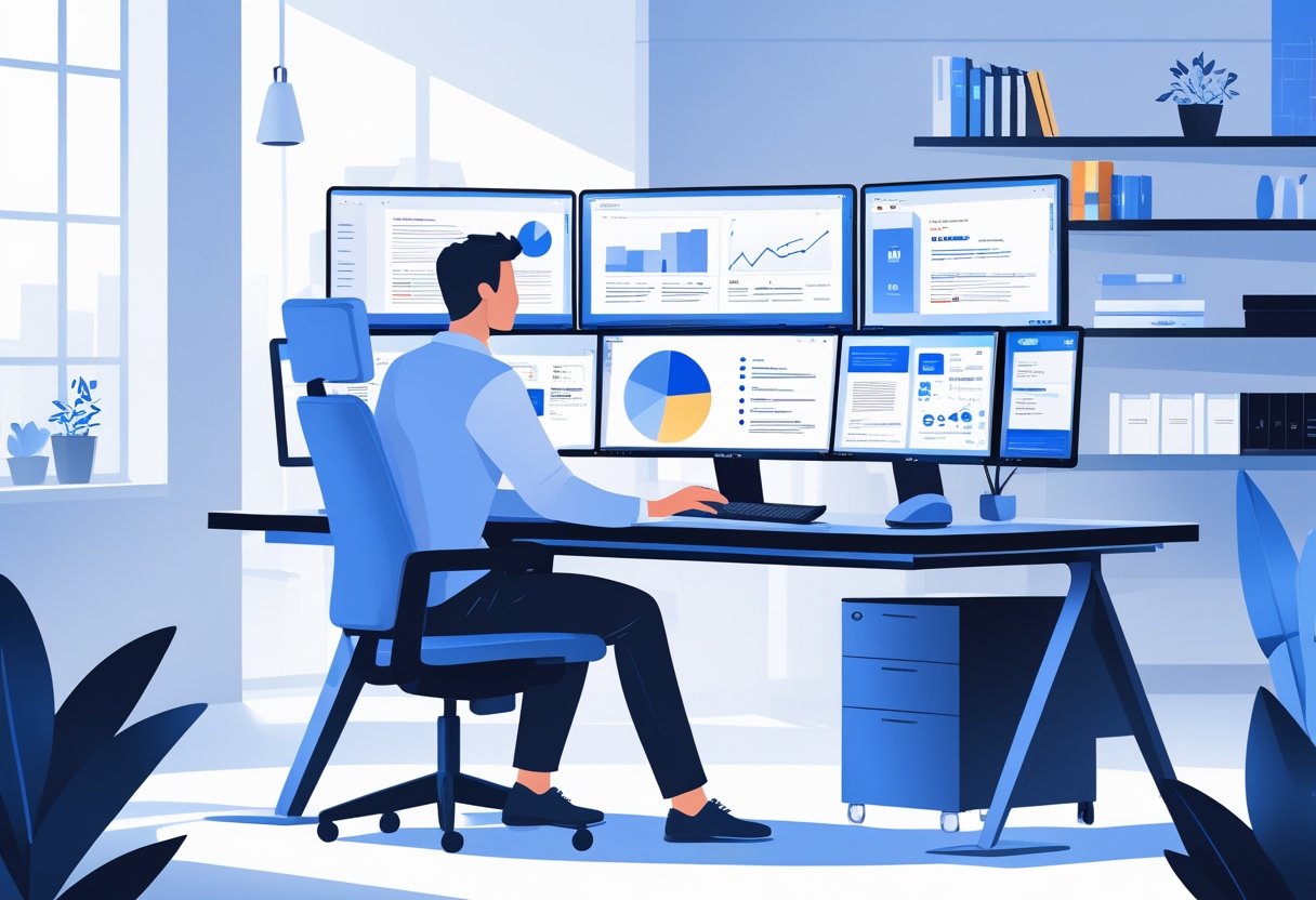 A person working at a desk with multiple computer monitors arranged to support multitasking in a modern office setting.
