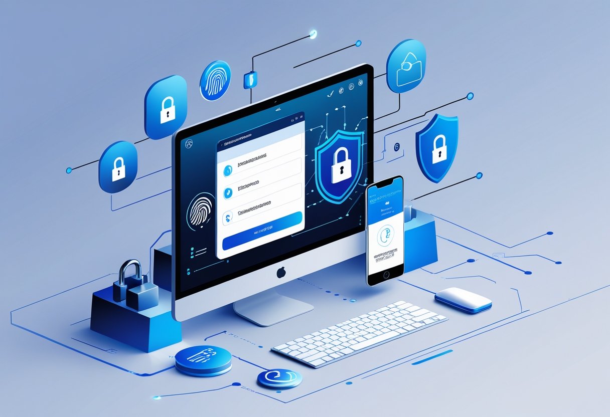 A computer screen showing a secure login with icons for fingerprint, smartphone verification, and a shield, surrounded by digital security symbols.