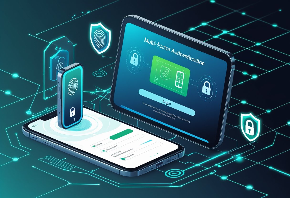 A computer screen showing secure login elements with icons of fingerprint, smartphone notification, and security token surrounded by shield and padlock symbols representing strong digital security.