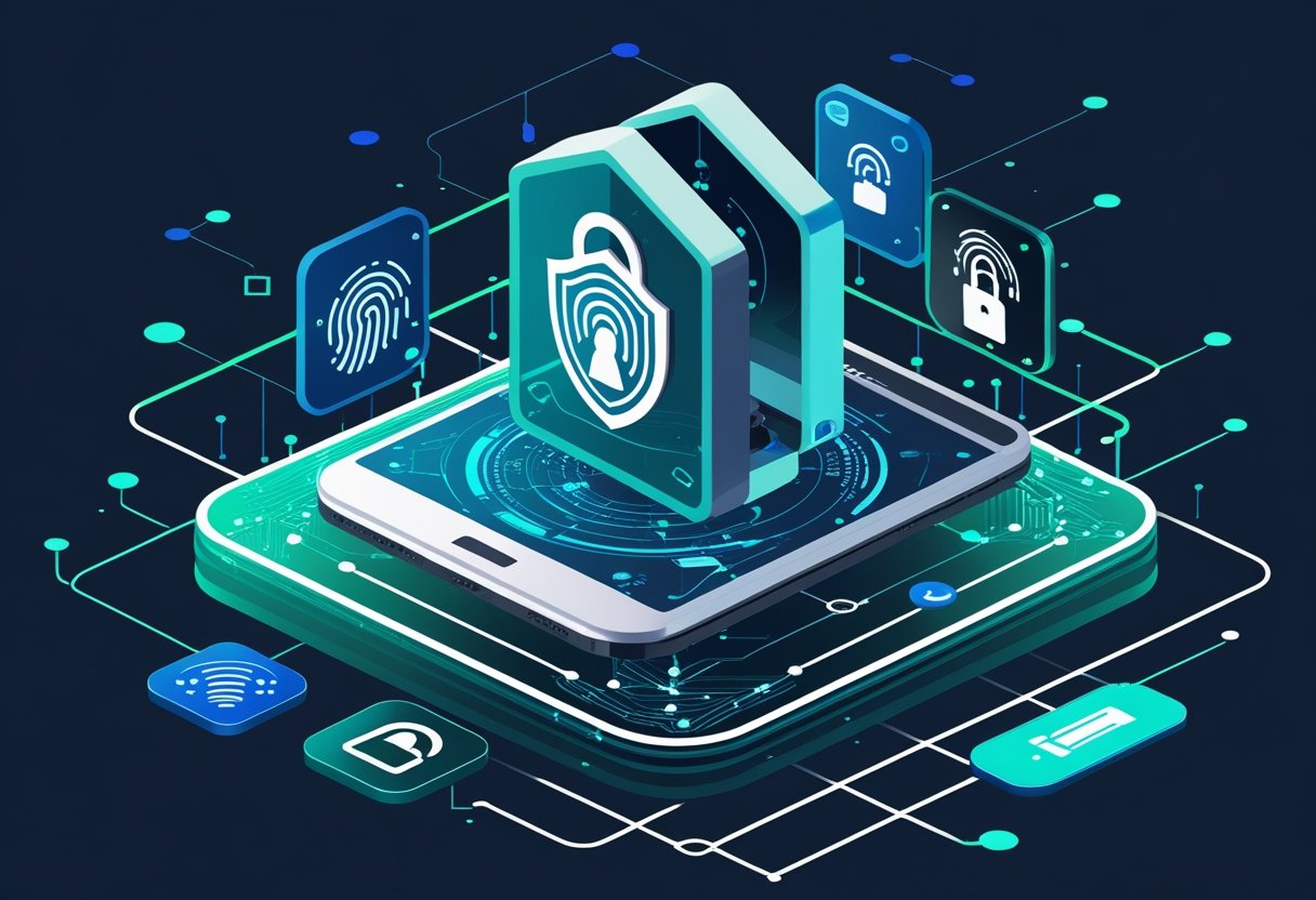 A digital device protected by multiple security layers including shields, locks, and biometric icons, surrounded by a network of interconnected data nodes.
